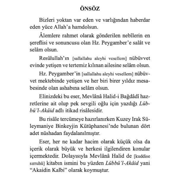 Akaidin Kalbi - Lübbül Akaid | Mevlana Halid-i Bağdadi